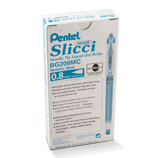 Pentel Arts Slicci METALLIC (0.8mm) Needle Tip Med Gel Pen Blue Metallic Ink (BG208-MC)