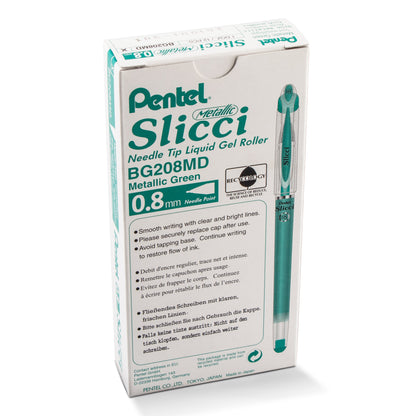 Pentel Arts Slicci METALLIC (0.8mm) Needle Tip Med Gel Pen Green Metallic Ink (BG208-MD)