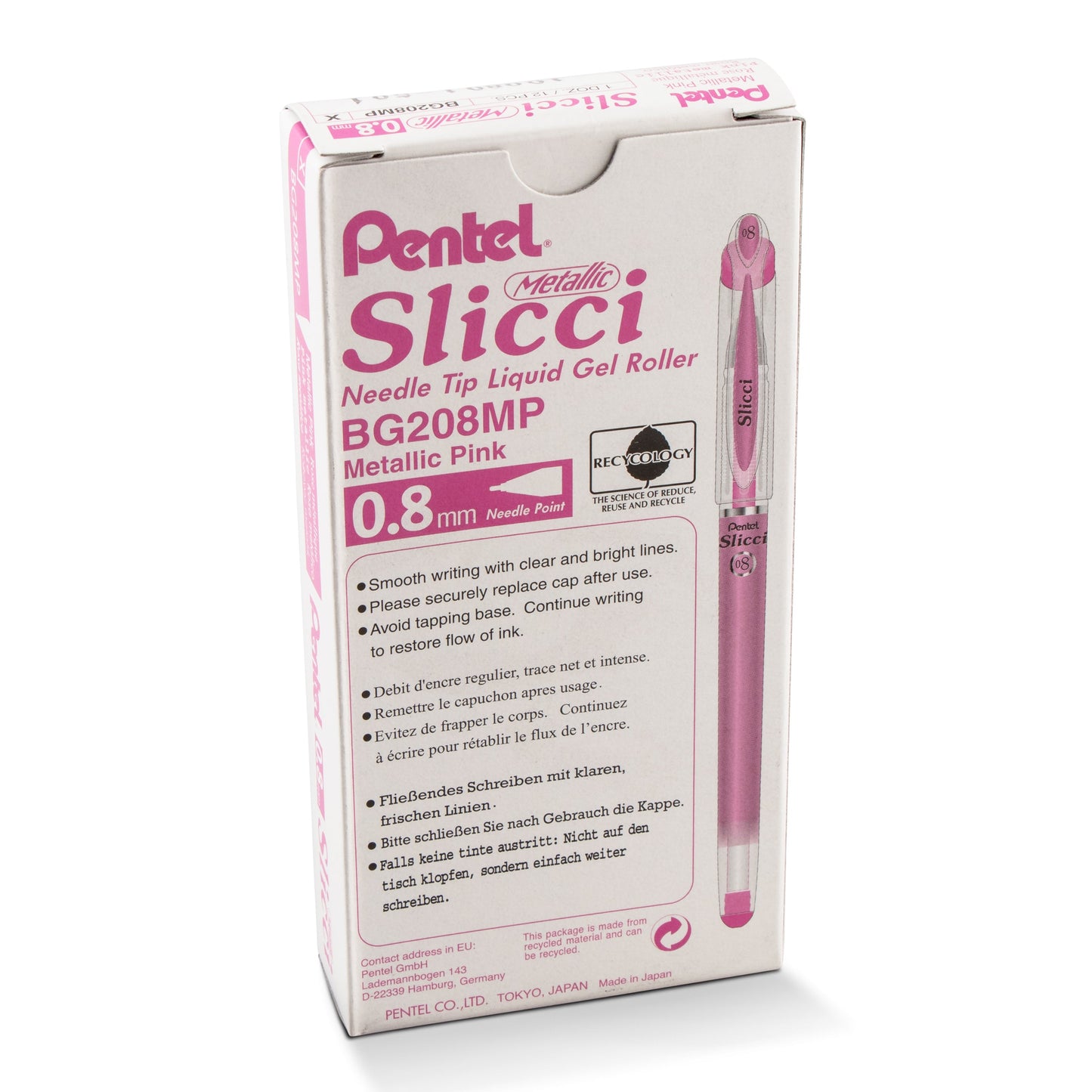 Pentel Arts Slicci METALLIC (0.8mm) Needle Tip Med Gel Pen Pink Metallic Ink (BG208-MP)