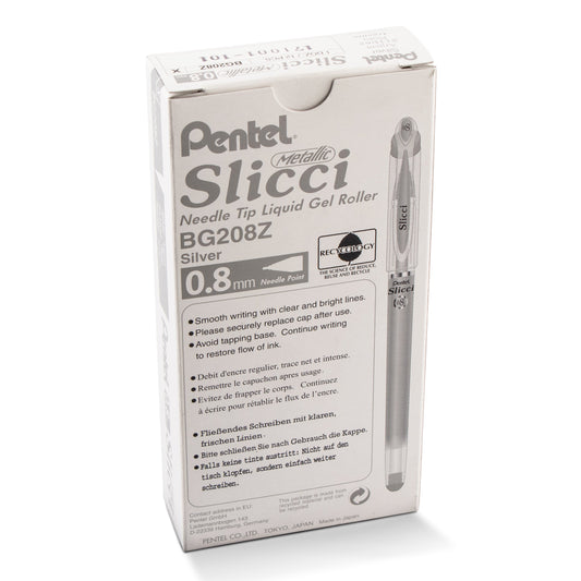 Pentel Arts Slicci METALLIC (0.8mm) Needle Tip Med Gel Pen Silver Metallic Ink (BG208-Z)
