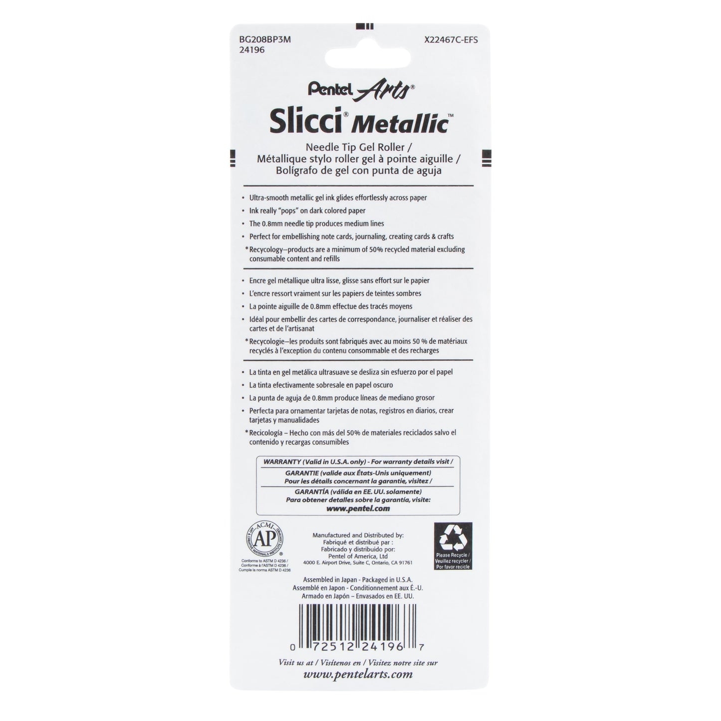 Pentel Arts Slicci METALLIC (0.8mm) Needle Tip Med Gel Pen, Assortd Ink (E/X/Z) 3-Pk (BG208BP3M)