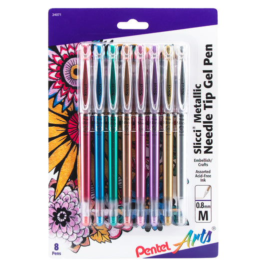 Pentel Arts Slicci METALLIC (0.8mm) Needle Tip Med Gel Pen Assorted Metallic Ink (MB/MC/MD/ME/MP/MV/X/Z), 8-Pk (BG208BP8M)