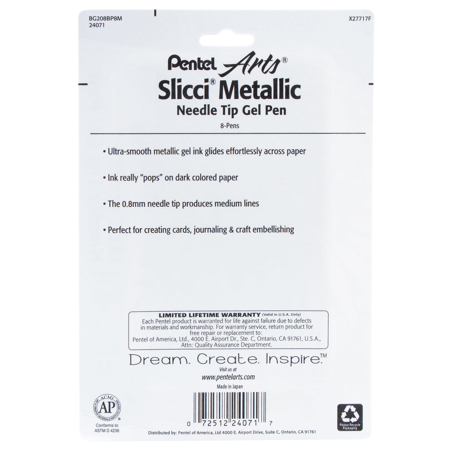 Pentel Arts Slicci METALLIC (0.8mm) Needle Tip Med Gel Pen Assorted Metallic Ink (MB/MC/MD/ME/MP/MV/X/Z), 8-Pk (BG208BP8M)