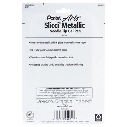Pentel Arts Slicci METALLIC (0.8mm) Needle Tip Med Gel Pen Assorted Metallic Ink (MB/MC/MD/ME/MP/MV/X/Z), 8-Pk (BG208BP8M)