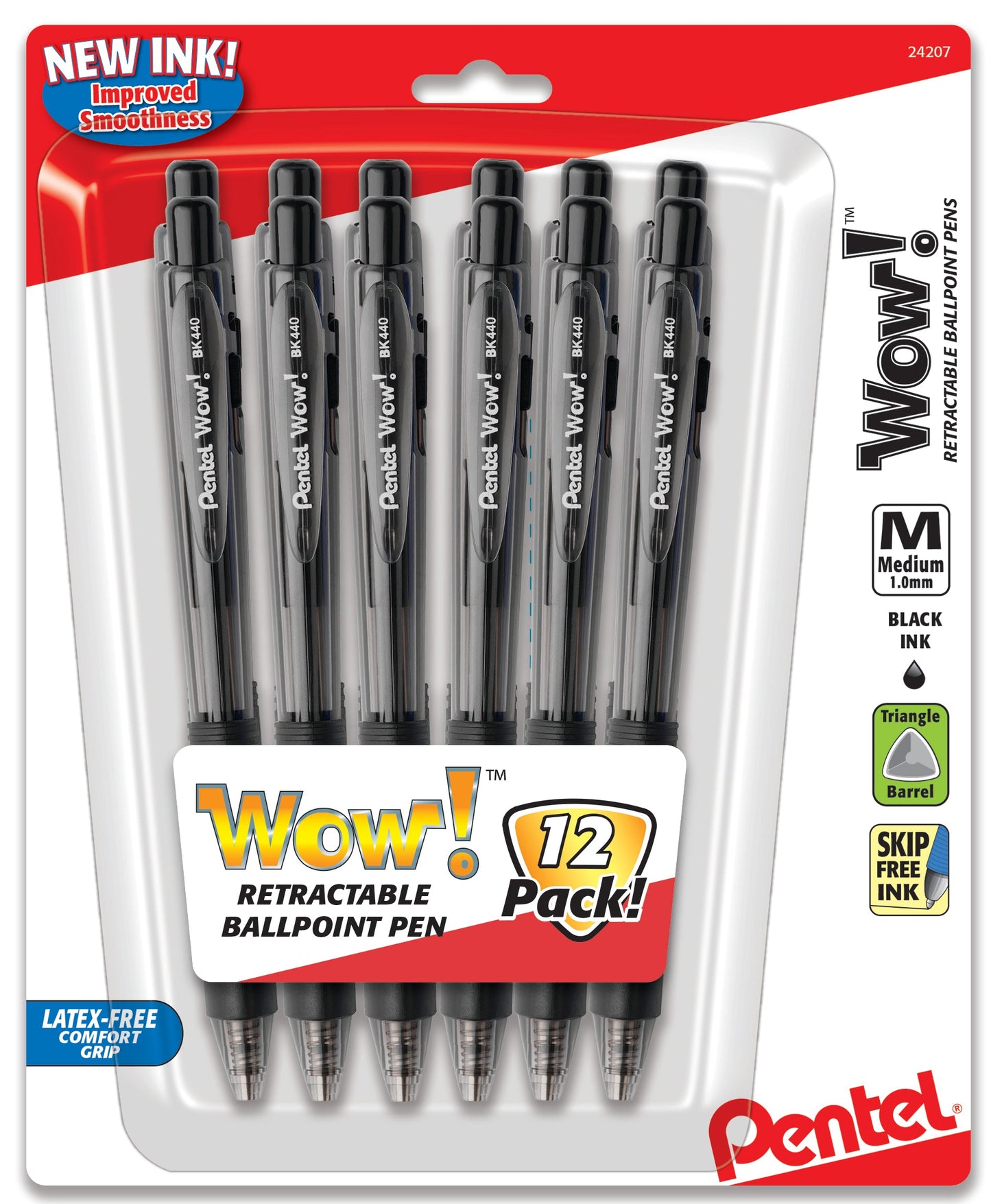 Wow! Retractable Ballpoint Pen, (1.0mm) Medium Line, NEW Ink, Black Ink 12-Pk (BK440BP12A)