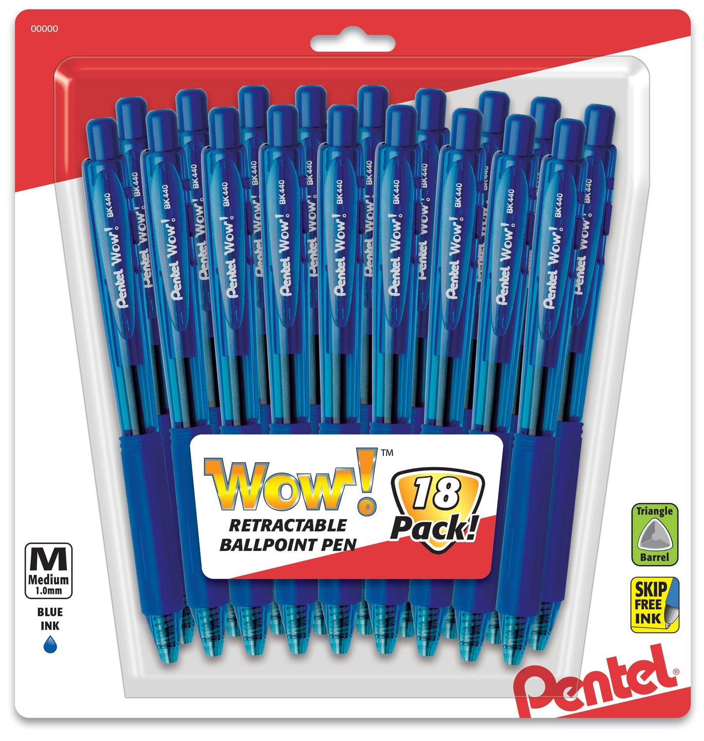 Wow! Retractable Ballpoint Pen, (1.0mm) Medium Line, NEW Ink, Blue Ink 18-Pk (BK440BP18C)