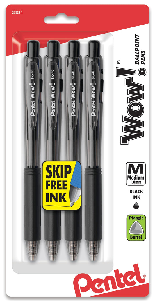 Wow! Retractable Ballpoint Pen, (1.0mm) Medium Line, NEW Ink, Black Ink 4-Pk (BK440BP4A)