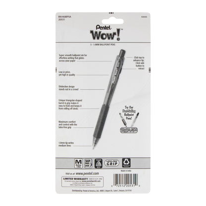 Wow! Retractable Ballpoint Pen, (1.0mm) Medium Line, NEW  Ink, Black Ink 5-Pk (BK440BP5A)