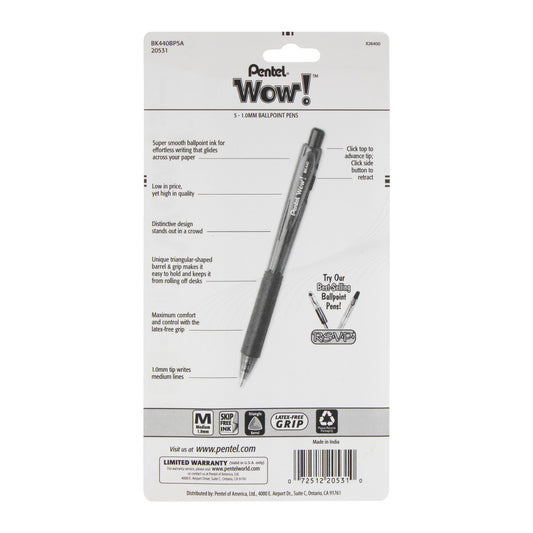 Wow! Retractable Ballpoint Pen, (1.0mm) Medium Line, NEW  Ink, Black Ink 5-Pk (BK440BP5A)