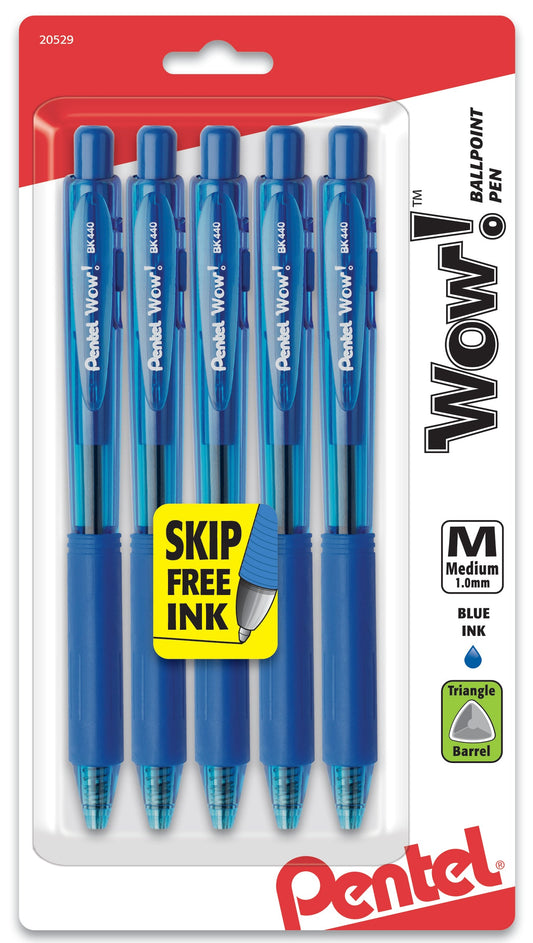 Wow! Retractable Ballpoint Pen, (1.0mm) Medium Line, NEW Ink, Blue Ink 5-Pk (BK440BP5C)