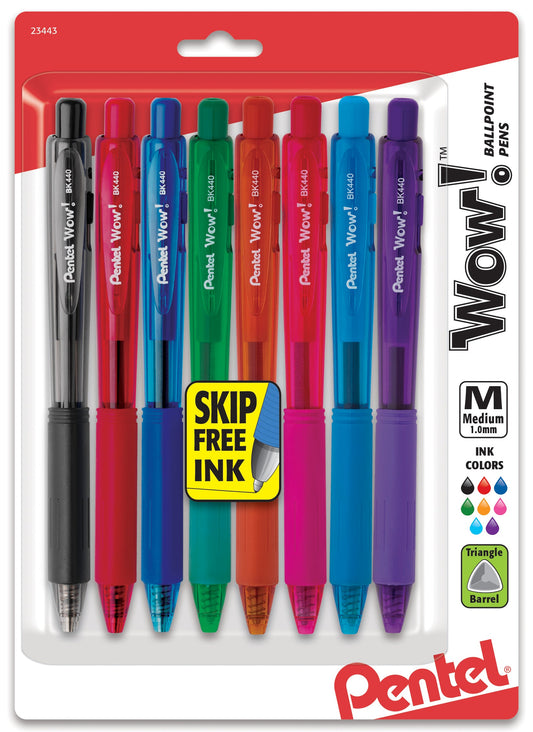 Wow! Retractable Ballpoint Pen, (1.0m) Medium Line, NEW Ink, Assorted Ink Colors (A/B/C/D/F/P/S/V) 8-Pk (BK440BP8M)