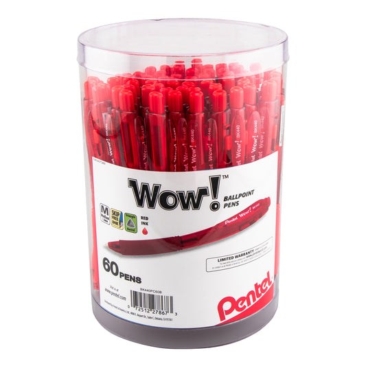Pentel WOW! Ballpoint Pen, (1.0mm) Med. line, Red Ink, 60-pk Canister (BK440PC60B)
