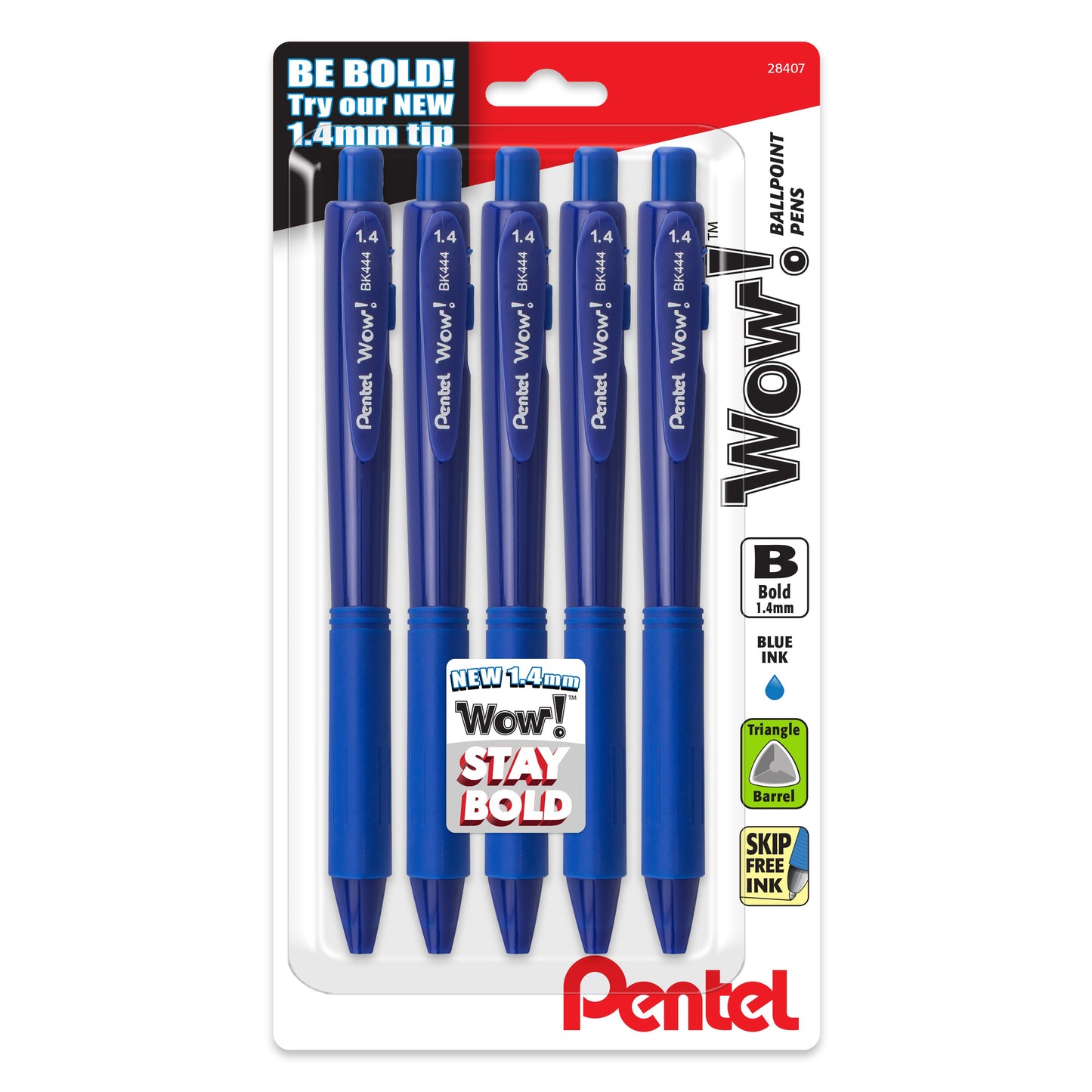Wow! Retractable Ballpoint Pen, (1.4mm) Bold Line, Blue Ink, 5-pk (BK444BP5C)