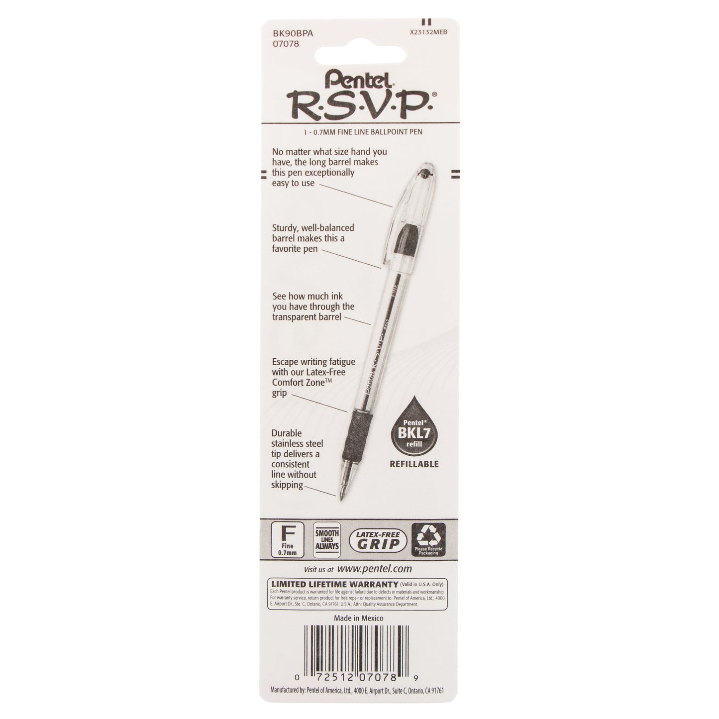 RSVP Ballpoint Pen, (0.7mm) Fine Line, Black Ink 1-Pk (BK90BPA)