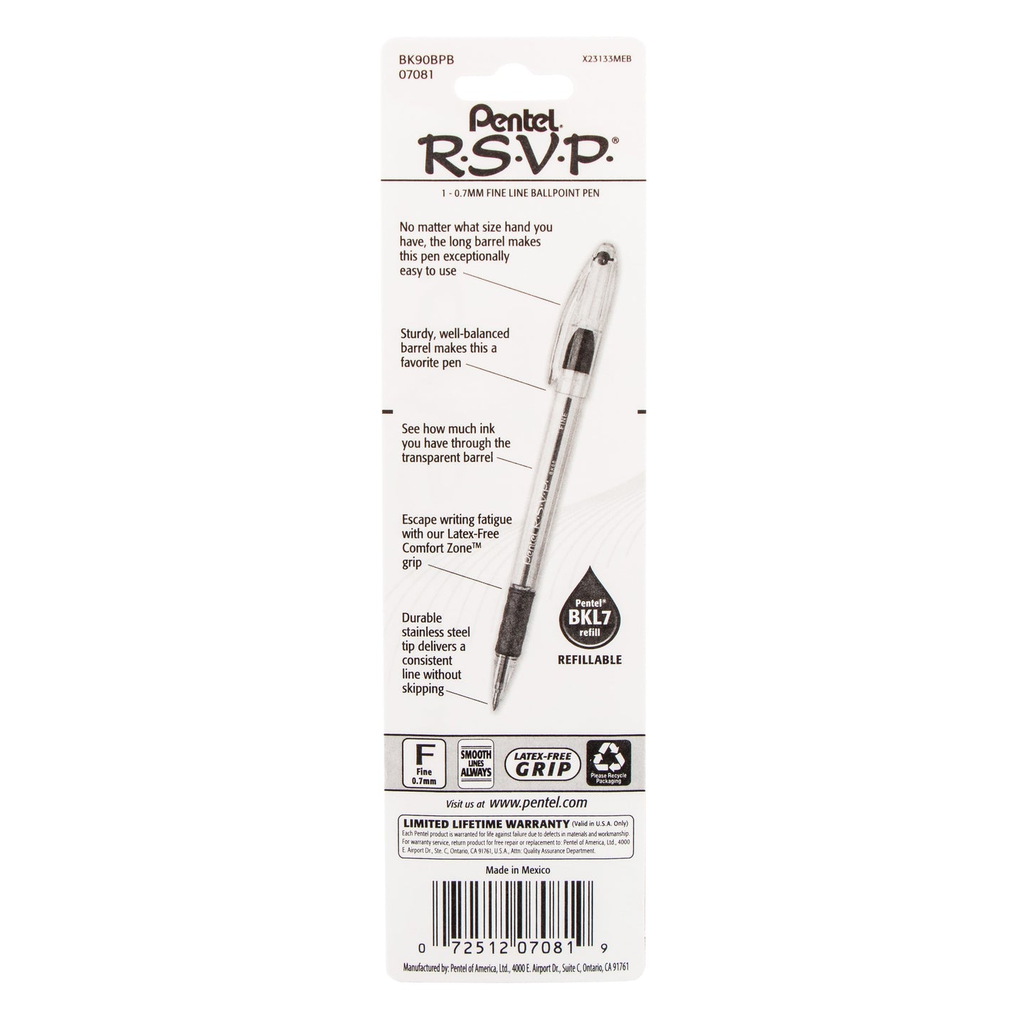 RSVP Ballpoint Pen, (0.7mm) Fine Line, Red Ink 1-Pk (BK90BPB)