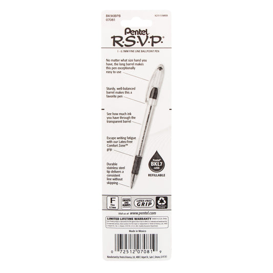 RSVP Ballpoint Pen, (0.7mm) Fine Line, Red Ink 1-Pk (BK90BPB)