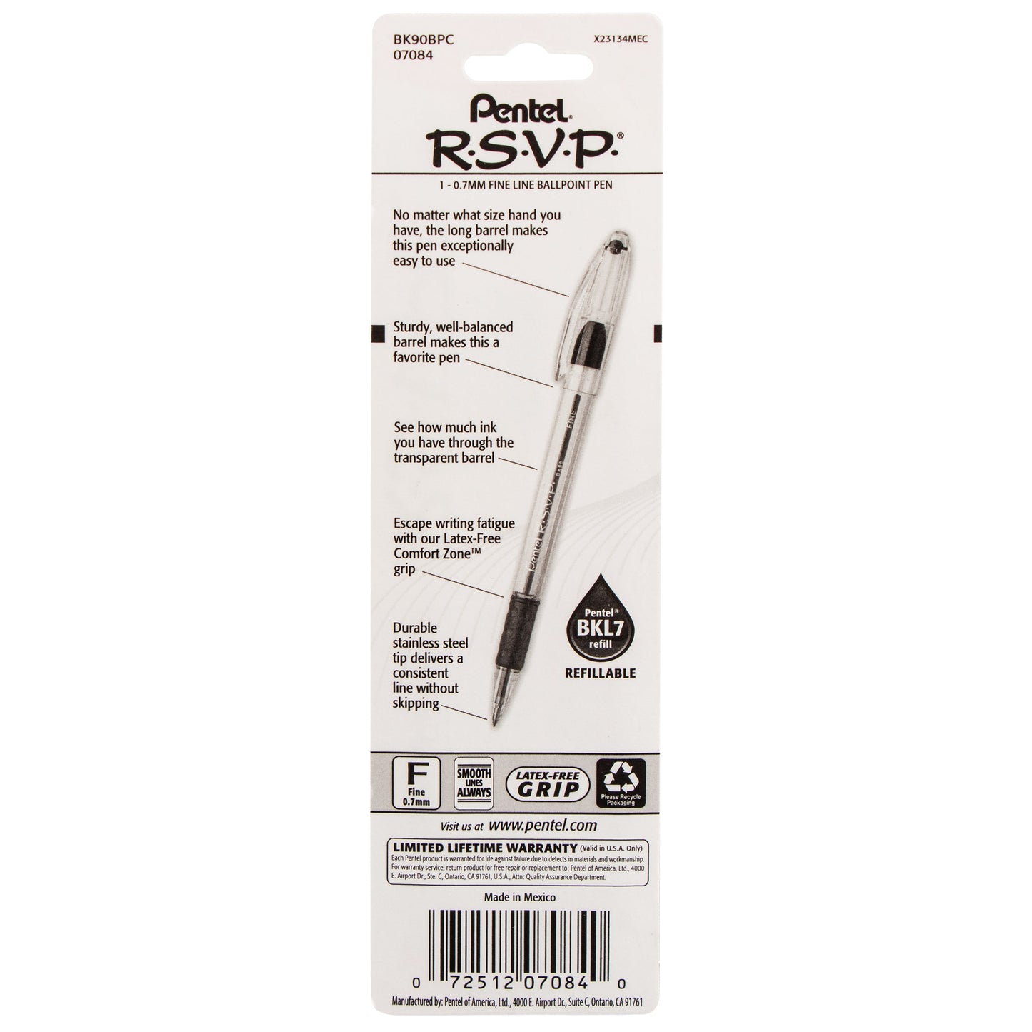 RSVP Ballpoint Pen, (0.7mm) Fine Line, Blue Ink 1-Pk (BK90BPC)
