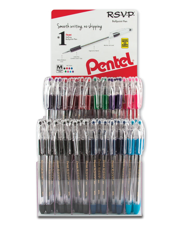 RSVP Ballpoint Pen, (1.0mm) Medium Line, Assorted Ink Colors, Open Stock Display - 144 Pieces (BK91-12)