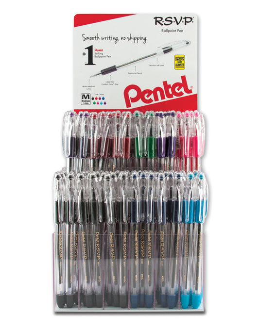 RSVP Ballpoint Pen, (1.0mm) Medium Line, Assorted Ink Colors, Open Stock Display - 144 Pieces (BK91-12)