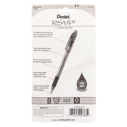 RSVP Ballpoint Pen, (1.0mm) Medium Line, Assorted Ink (A/B/C/D/P/V), 6-Pk (BK91BP6M)