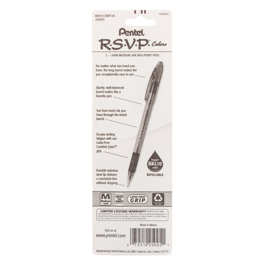 RSVP COLORS Ballpoint Pen, (1.0mm) Medium Line, Black Ink, 2-Pk (BK91CRBP2A)