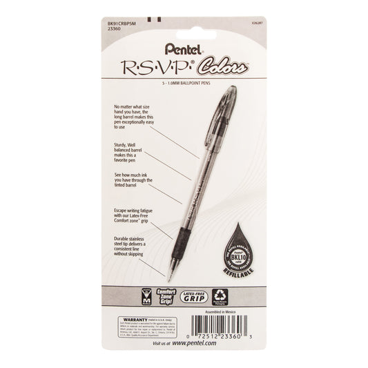 RSVP COLORS Ballpoint Pen, (1.0mm) Medium Line, Assorted Ink (D/F/P/S/V), 5-Pk (BK91CRBP5M)