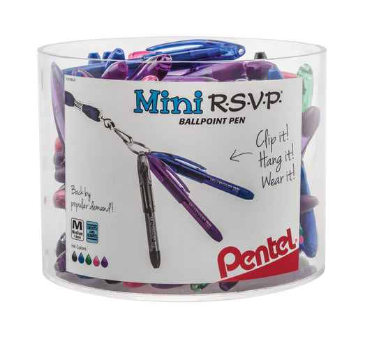 RSVP Mini Ballpoint Pen, (1.0mm) Medium Line, Assorted Ink (A/C/D/P/V), Open Stock Canister Display - 72 Pieces (BK91MN-6)