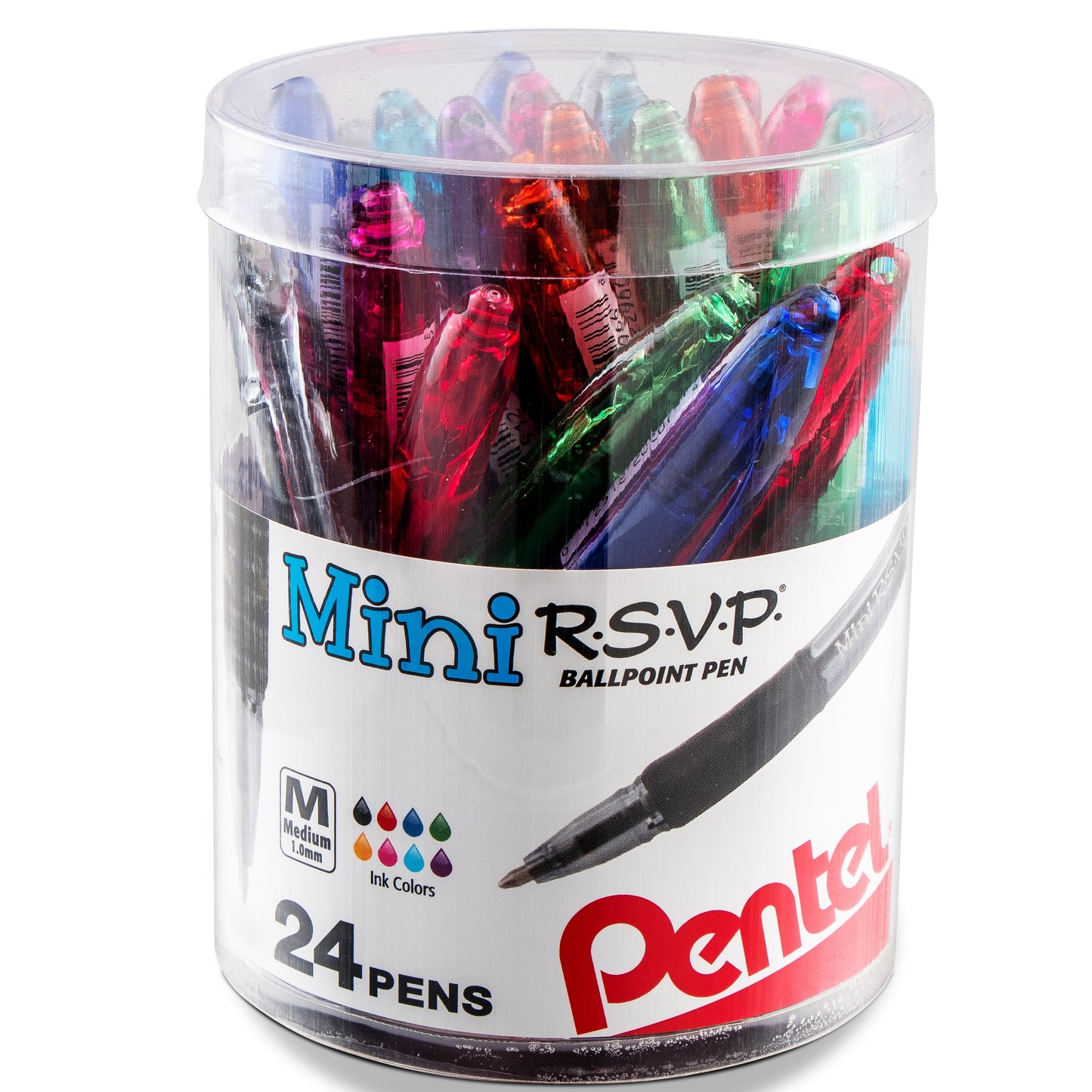 RSVP Mini Ballpoint Pen, (1.0mm) Medium Line, 24-Assorted Ink (A/B/C/D/F/P/S/V) in Clear cylinder pack (BK91MN24M)