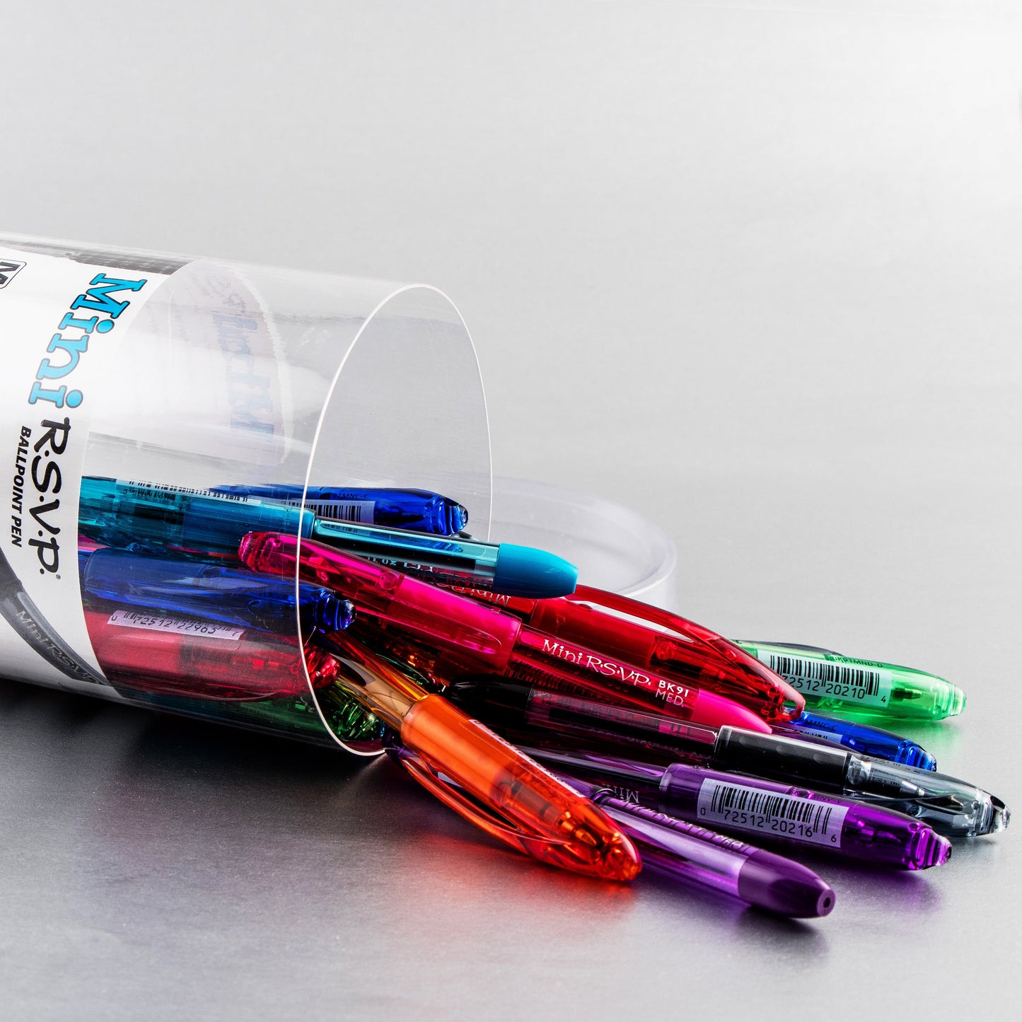 RSVP Mini Ballpoint Pen, (1.0mm) Medium Line, 24-Assorted Ink (A/B/C/D/F/P/S/V) in Clear cylinder pack (BK91MN24M)