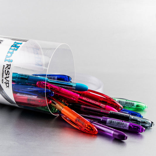 RSVP Mini Ballpoint Pen, (1.0mm) Medium Line, 24-Assorted Ink (A/B/C/D/F/P/S/V) in Clear cylinder pack (BK91MN24M)