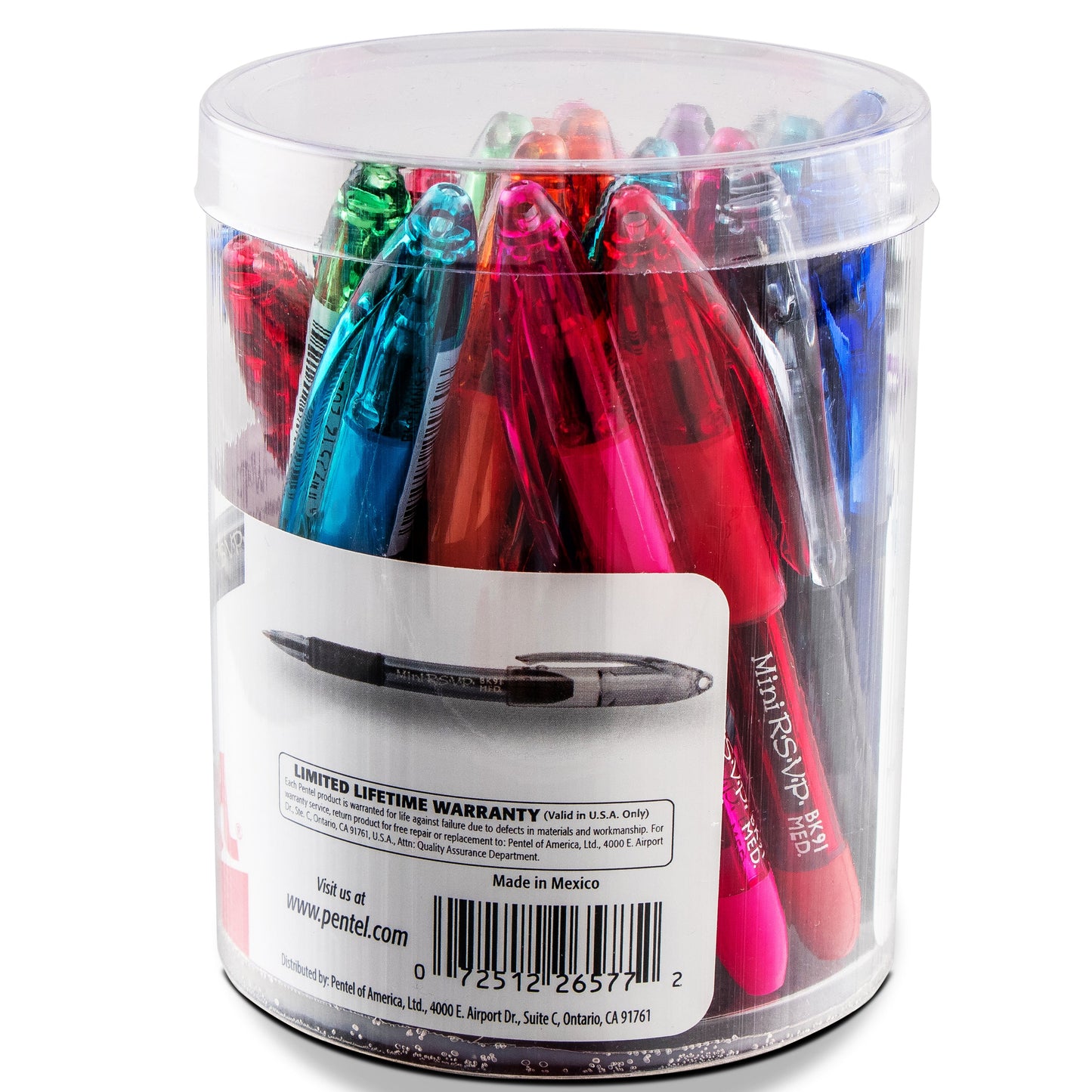 RSVP Mini Ballpoint Pen, (1.0mm) Medium Line, 24-Assorted Ink (A/B/C/D/F/P/S/V) in Clear cylinder pack (BK91MN24M)