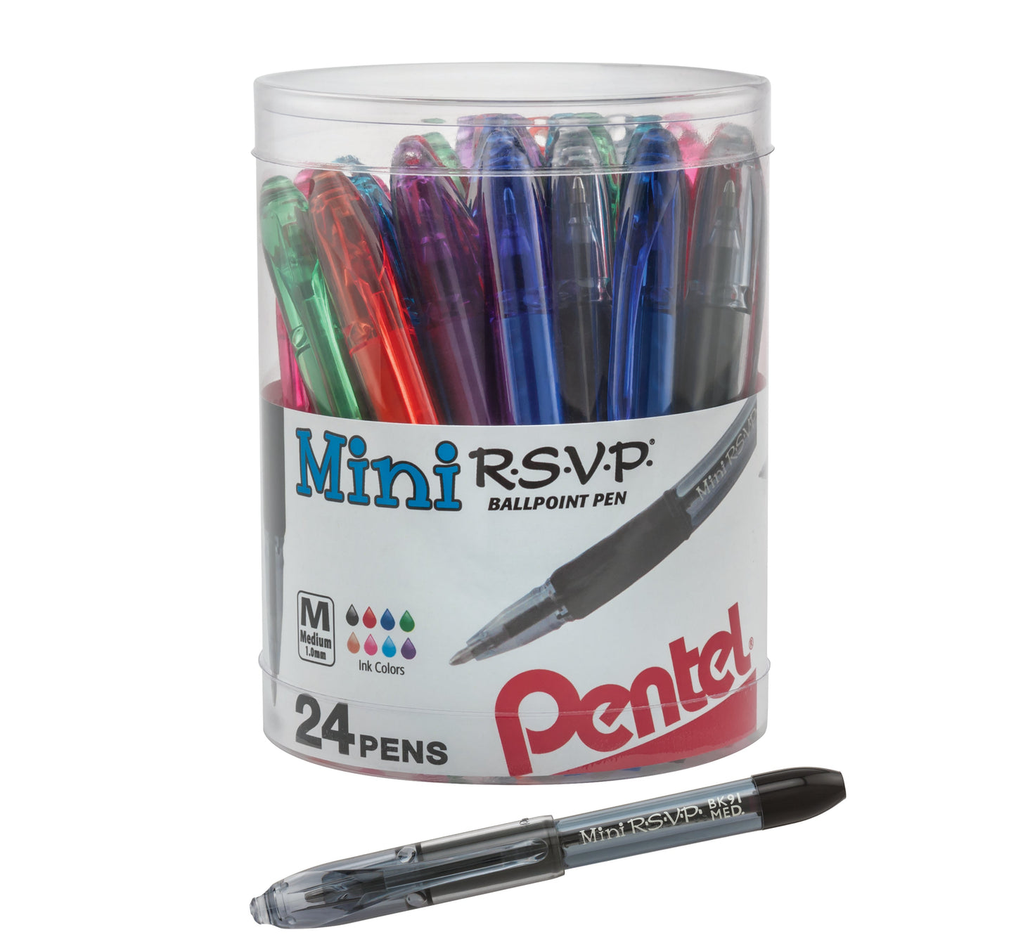 RSVP Mini Ballpoint Pen, (1.0mm) Medium Line, 24-Assorted Ink (A/B/C/D/F/P/S/V) in Clear cylinder pack (BK91MN24M)