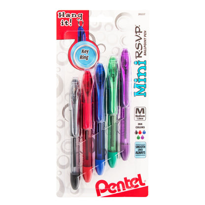 RSVP Mini Ballpoint Pen, (1.0mm) Medium Line, Assorted Ink (A/B/C/D/V) w/ Key Ring,  5-Pk (BK91MNBP5M)