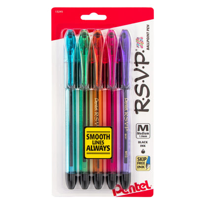RSVP Razzle-Dazzle Ballpoint Pen, (1.0mm) Medium Line, Assorted Barrels (C/D/F/P/V), Black Ink, 5-Pk (BK91RDBP5M)
