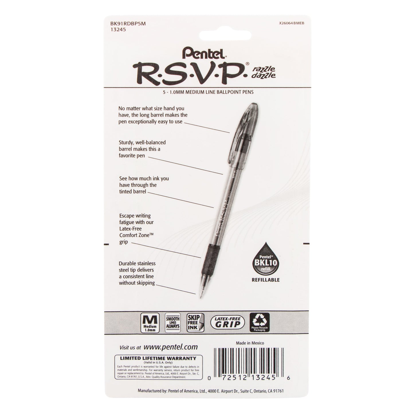 RSVP Razzle-Dazzle Ballpoint Pen, (1.0mm) Medium Line, Assorted Barrels (C/D/F/P/V), Black Ink, 5-Pk (BK91RDBP5M)