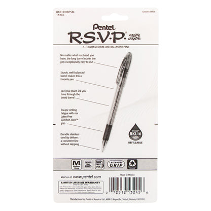 RSVP Razzle-Dazzle Ballpoint Pen, (1.0mm) Medium Line, Assorted Barrels (C/D/F/P/V), Black Ink, 5-Pk (BK91RDBP5M)