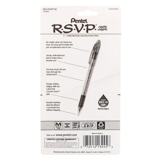RSVP Razzle-Dazzle Ballpoint Pen, (1.0mm) Medium Line, Assorted Barrels (C/D/F/P/V), Black Ink, 5-Pk (BK91RDBP5M)