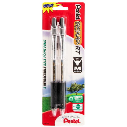 RSVP RT Retractable Ballpoint Pen, (1.0mm) Medium Line, Black Ink 2-Pk (BK93BP2A)