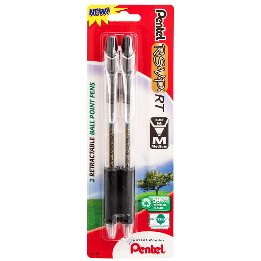 RSVP RT Retractable Ballpoint Pen, (1.0mm) Medium Line, Black Ink 2-Pk (BK93BP2A)