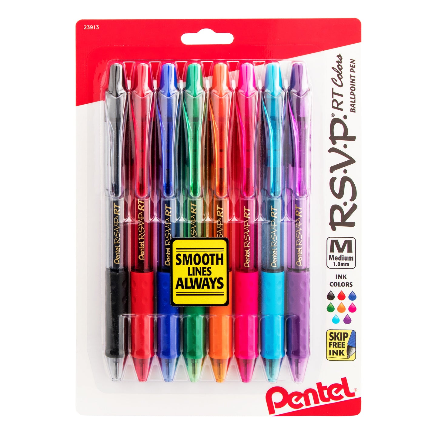 RSVP RT COLORS Retractable Ballpoint Pen, (1.0mm) Medium Line, Asstd Ink (A/B/C/D/F/P/S/V) 8-Pk (BK93CRBP8M)
