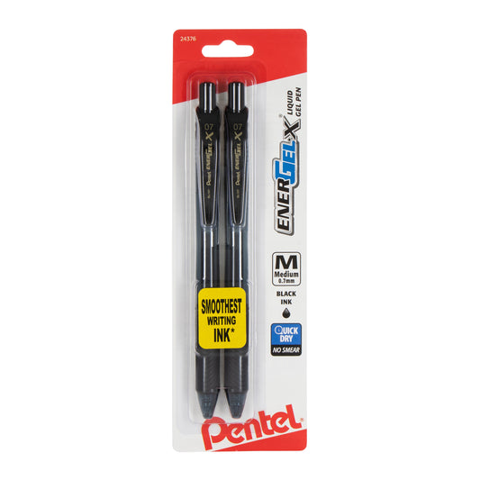 EnerGel-X Retractable Liquid Gel Pen, (0.7mm) Metal Tip, Medium Line, Black Ink 2-Pk (BL107BP2A)