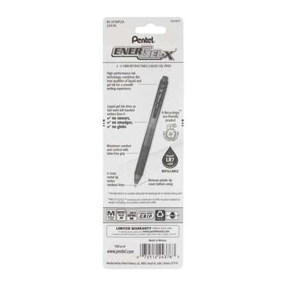 EnerGel-X Retractable Liquid Gel Pen, (0.7mm) Metal Tip, Medium Line, Black Ink 2-Pk (BL107BP2A)