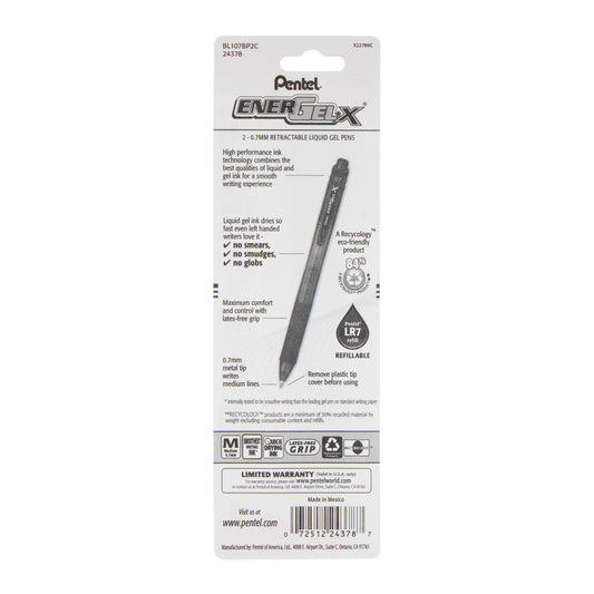 EnerGel-X Retractable Liquid Gel Pen, (0.7mm) Metal Tip, Medium Line, Blue Ink 2-Pk (BL107BP2C)