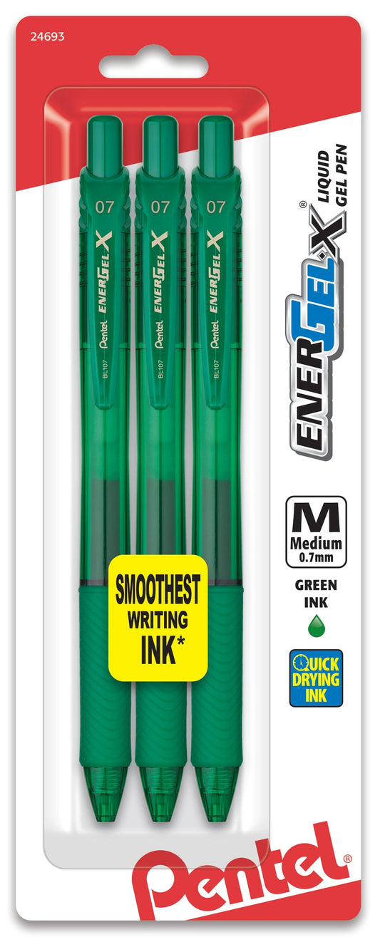 EnerGel-X Retractable Liquid Gel Pen, (0.7mm) Metal Tip, Medium Line, Green Ink 3-Pk (BL107BP3D)