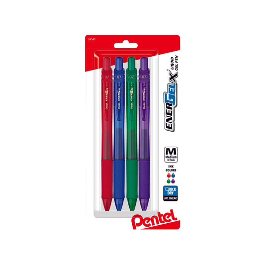 EnerGel-X Retractable Liquid Gel Pen, (0.7mm) Metal Tip, Medium Line, Assorted Ink (B/C/D/V), 4-Pk (BL107BP4M1)
