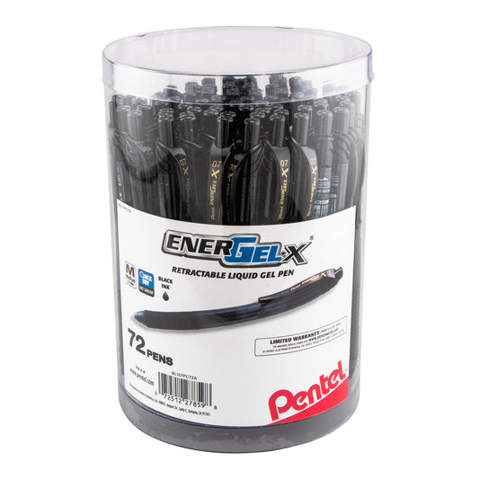 Pentel EnerGel-X Retractable Gel Pen, (0.7mm) Med. line, Black Ink, 72-pk Canister (BL107PC72A)