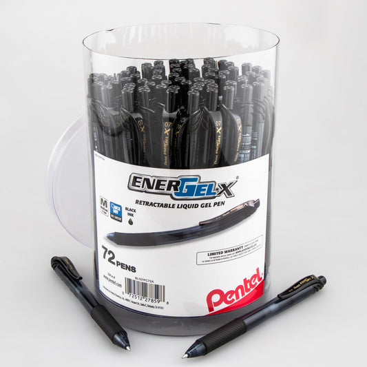 Pentel EnerGel-X Retractable Gel Pen, (0.7mm) Med. line, Black Ink, 72-pk Canister (BL107PC72A)