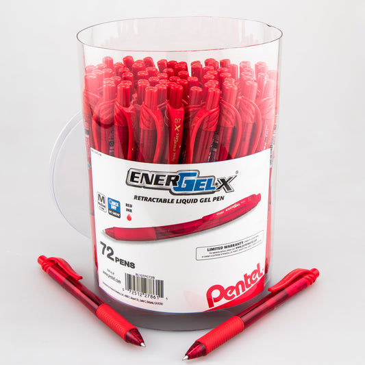 Pentel EnerGel-X Retractable Gel Pen, (0.7mm) Med. line, Red Ink, 72-pk Canister (BL107PC72B)