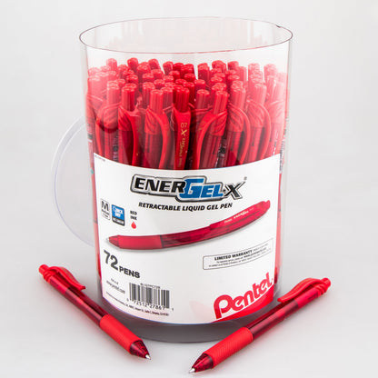 Pentel EnerGel-X Retractable Gel Pen, (0.7mm) Med. line, Red Ink, 72-pk Canister (BL107PC72B)