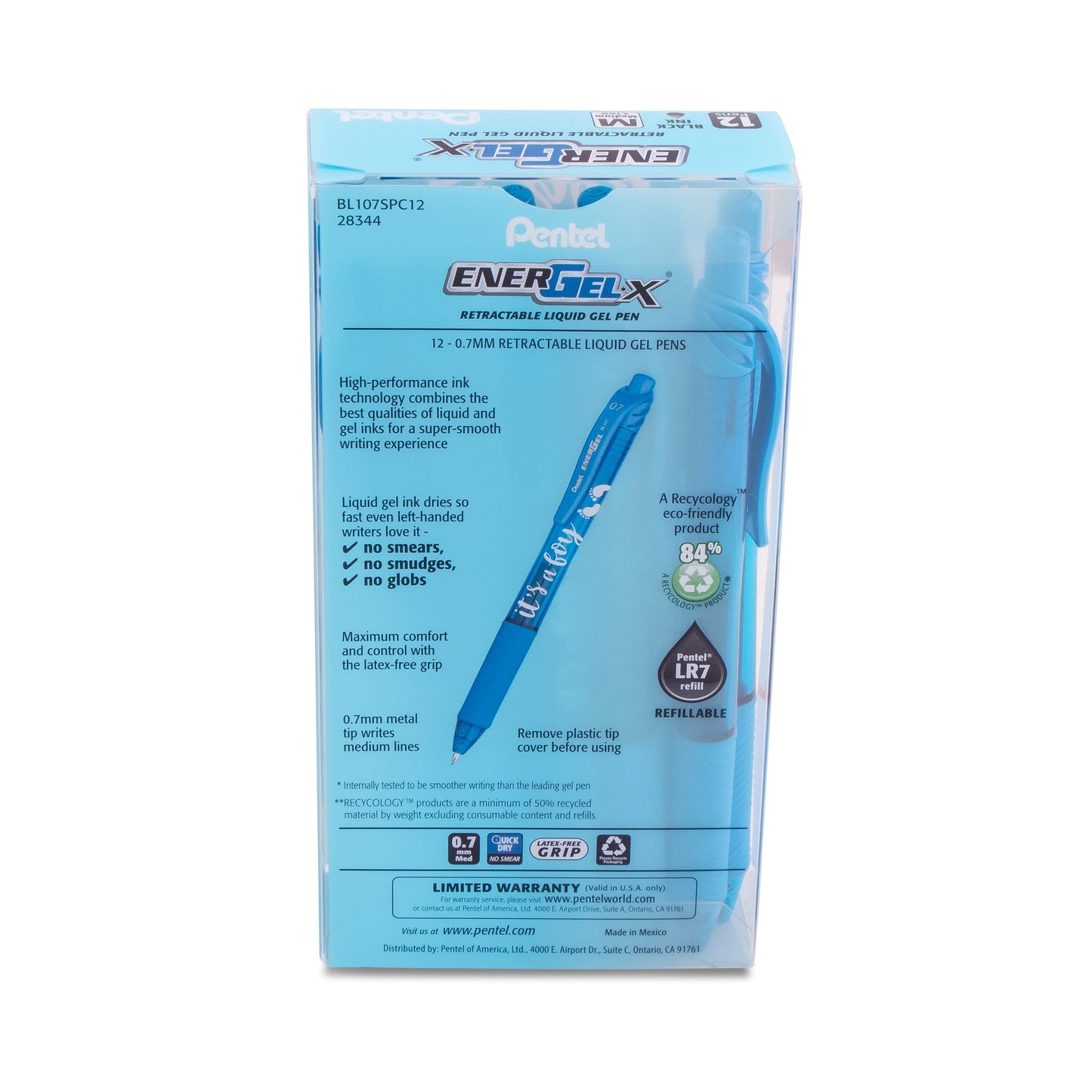 EnerGel-X Retractable Gel Pen, (0.7mm) Med. line, Sky Blue Ink- its a Boy Dozen Box (BL107SPC12)